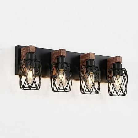 24" Industrial 4 Light Bathroom Vanity Light Fixture, Black Cage Wall Sconce with Wood Accents, Bathroom Light Fixtures Over Mirror, E26 Base, Bulbs Not Included