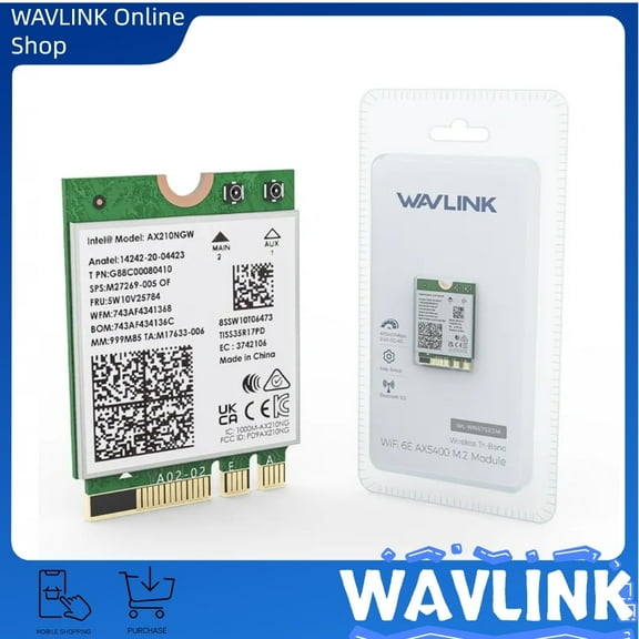 WAVLINK WiFi 6E Wireless Card, Intel AX210 Tri-Band 5400Mbps 2.4GHz/5GHz/6GHz Network Adapter with Bluetooth 5.3 for Laptop, Ultra-Low Latency, Support Windows 10/11 (64bit) M.2/NGFF