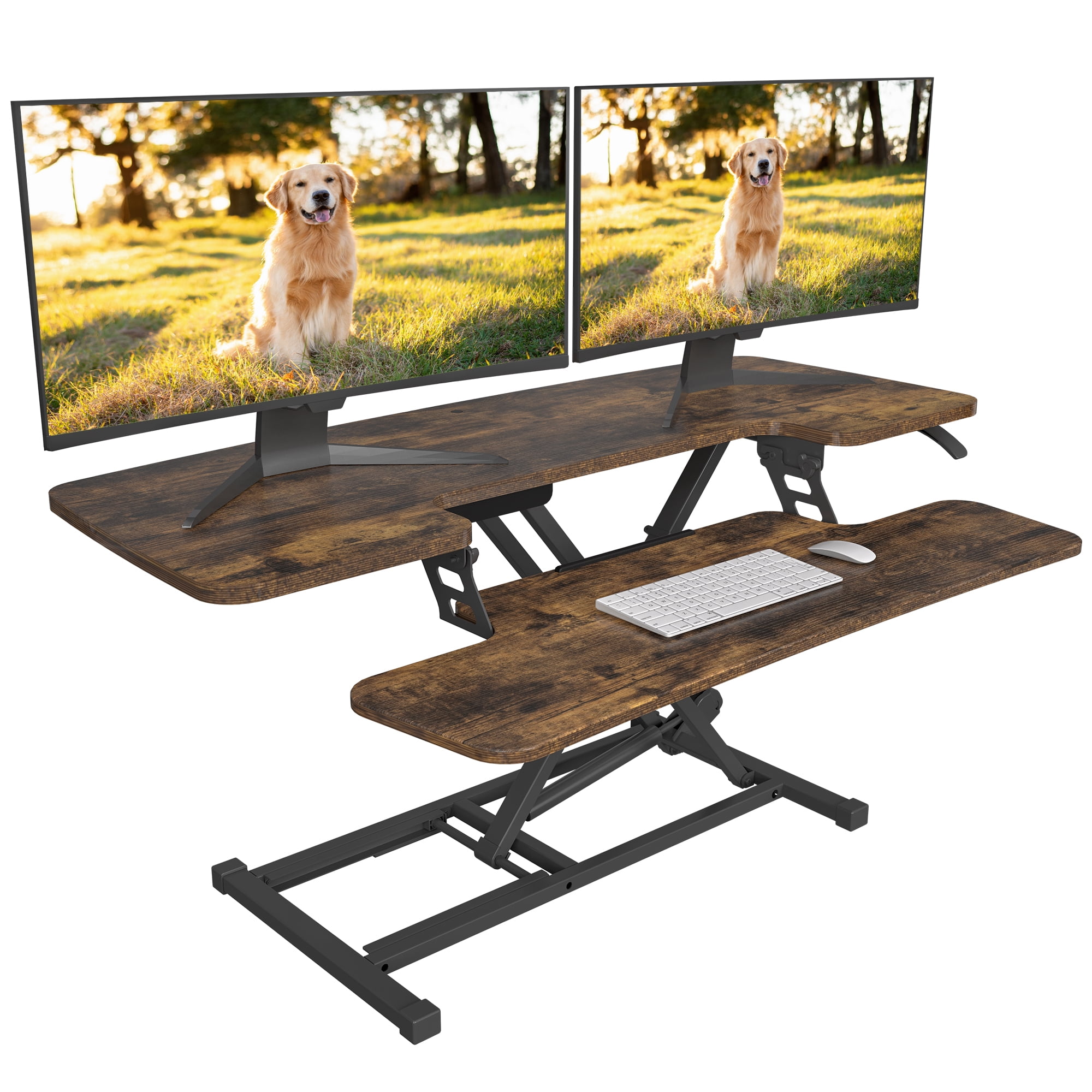 FitStand Home Office Height Adjustable Standing Desk Converter Special Walnut 42" U-Shape with Keyboard Tray