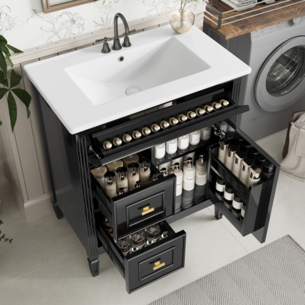 30" Bathroom Vanity with Sink, Modern Bathroom Cabinet with Ceramic Undermount Sink, Solid Wood & MDF Storage Cabinet with Flip Drawer, Adjustable Shelf, Black