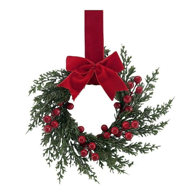 10 Inch Winter Wreath with Red Berries and Velvet Bow for Holiday Decor