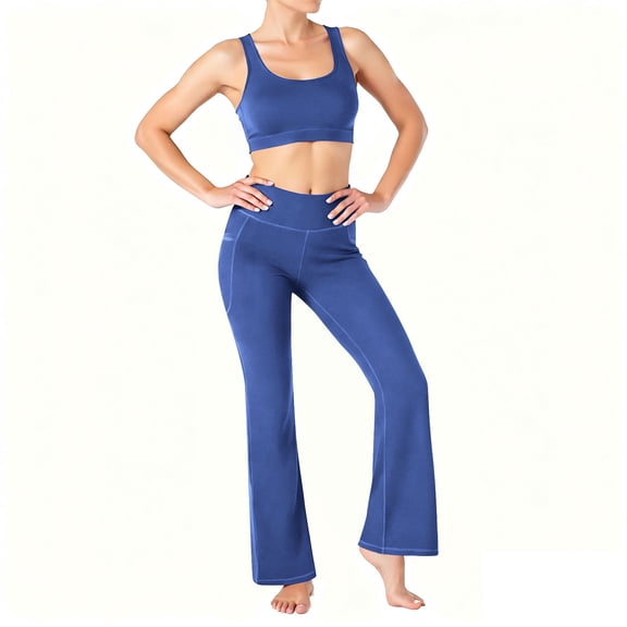 AINIYS Women's High-Waisted Flare Yoga Pants with Pockets Stretchable Functional Trousers for Fitness Daily Wear Dance Activities Blue L