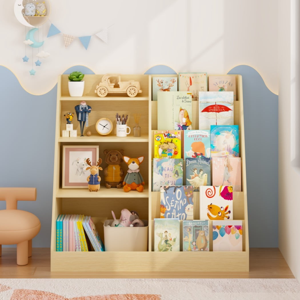 4-Tier Kids Bookshelf and Toy Storage Organizer, Wooden Children's Bookcase with Multi-Level Shelves & Toy Bin, Book Display Stand for Kids Room, Playroom & Nursery, Natural