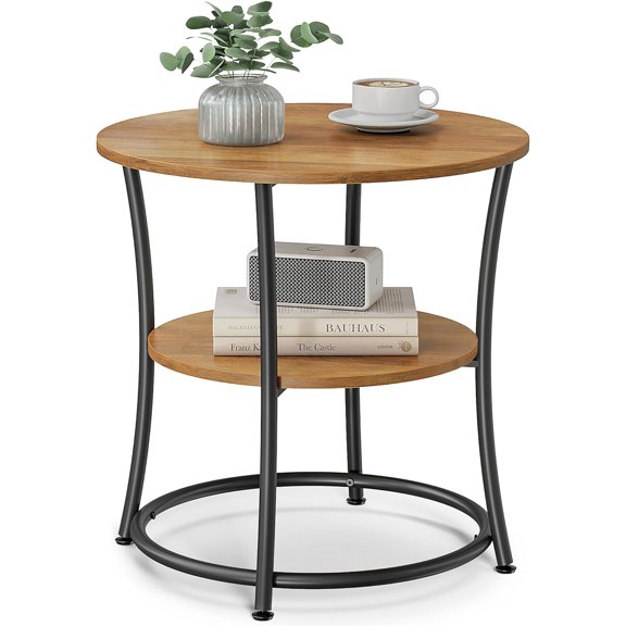 Side Table, Round End Table with 2 Storage Shelves for Living Room, Bedroom, Nightstand with Steel Frame for Small Spaces, Accent Coffee Table, Rustic Walnut and Ink Black