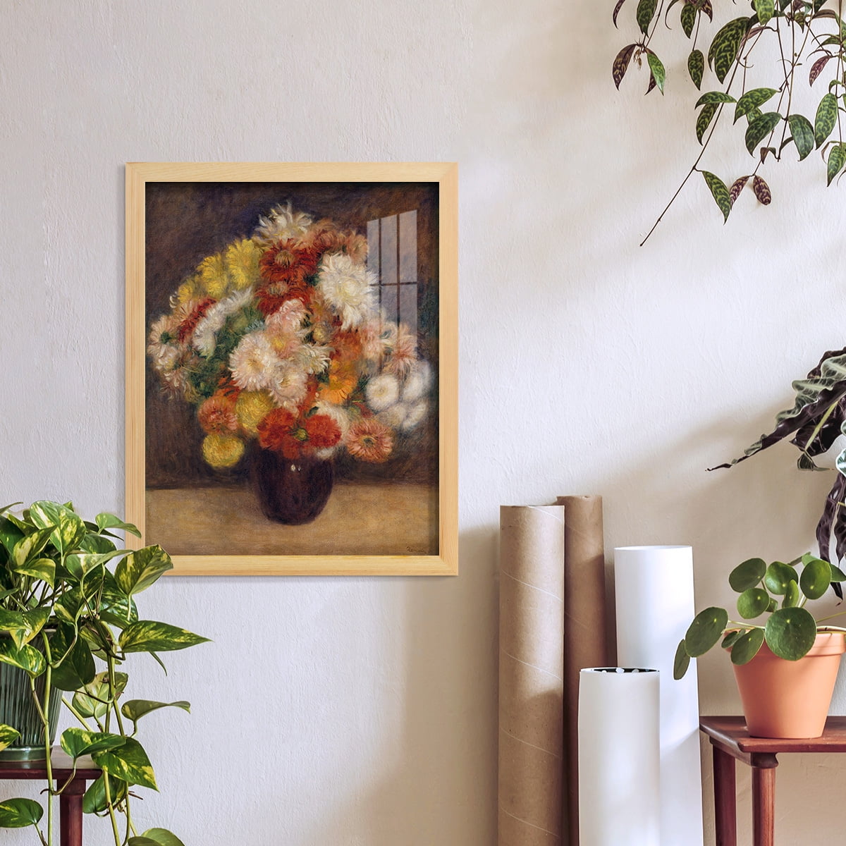 Bouquet of Chrysanthemums -Framed Print w/glass-Natural Wood