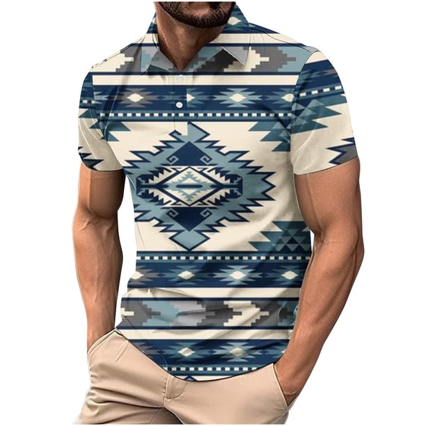 Camisas de Manga Larga para Hombres Impresos Girar Hacia Abajo Botones de Cuello Lateral Dividido, Casual Blusa de Manga Corta