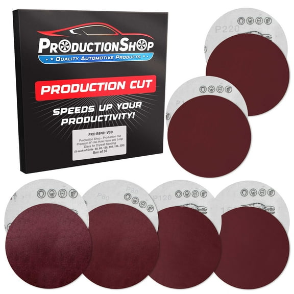 ProductionShop Premium 9" Red Hook & Loop Sanding Discs, 30 Disc Variety Pack, Grits 60, 80, 120, 150, 180, 220 - Sandpaper for Drywall Power Sander, Woodworking Sand Auto Car Paint