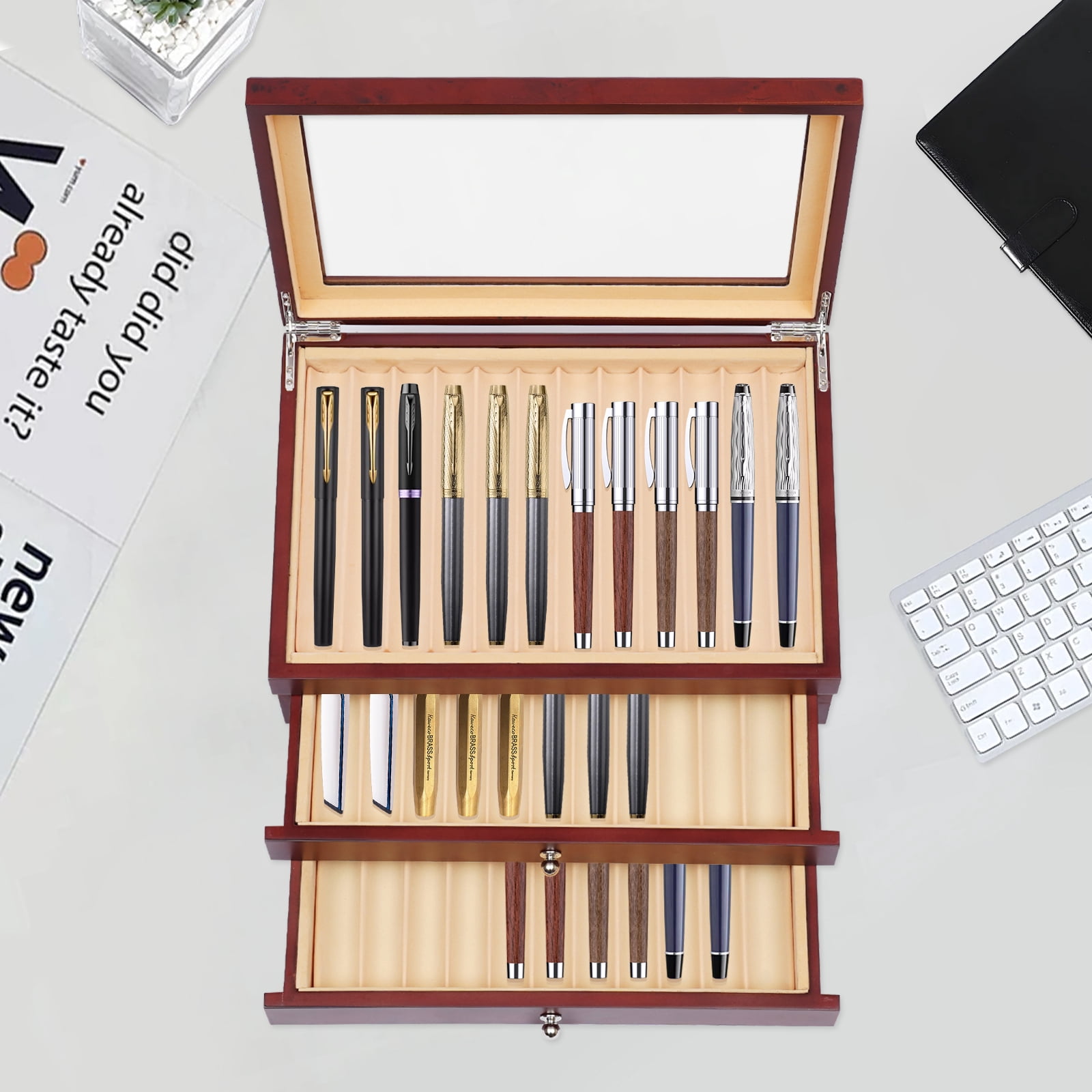 Pen Display Box 3 Tiers and 34 Separate Compartments for Storing Fountain Pens, Ballpoint Pens, Marker Pens, and Other Pens in Your Bedroom, Study Room, or Living Room