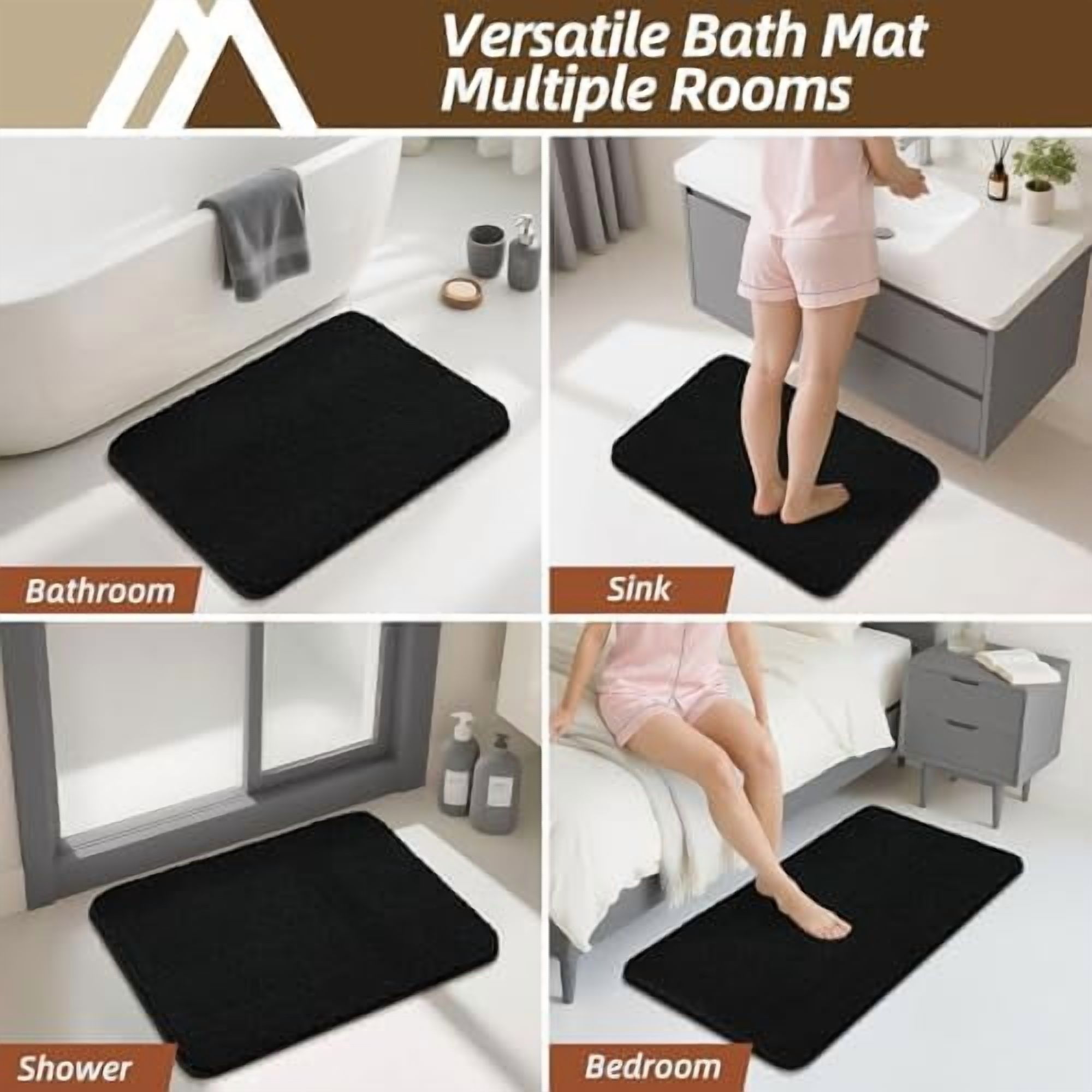 Bathroom Rugs Mat 16”x24” Absorbent Non-Slip Bath Mat Plush Shaggy Machine Washable Bath Rugs Soft Polyester Bath Mats for Bathroom Floor,Tub and Shower,Black