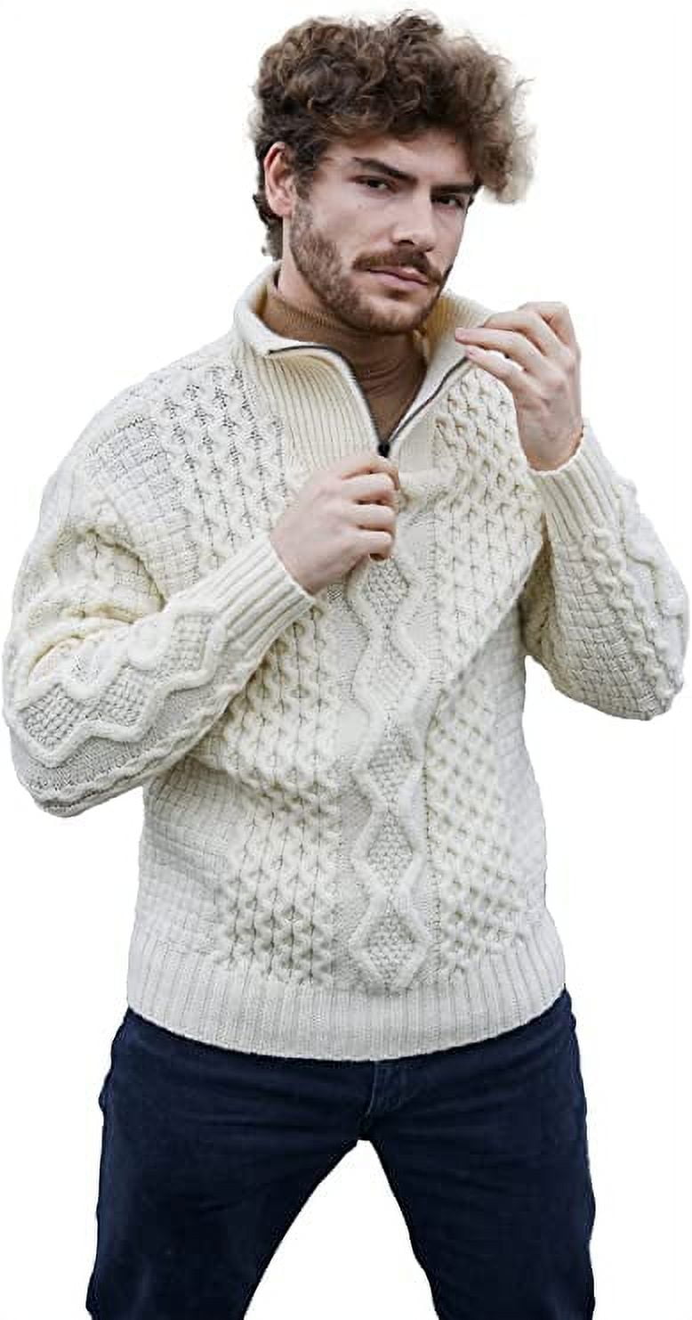 SAOL Aran Irish Fisherman Sweater Men's 100% Merino Wool Zip Neck Cable  Knit Cardigan Made in Ireland 