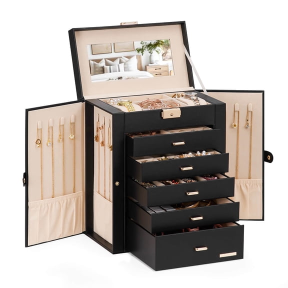 Enogets Large Jewelry Box for Women, 6-Layer Jewelry Organizer with 5 Drawers, Lockable Storage Case with Mirror & Necklace Hooks, Black