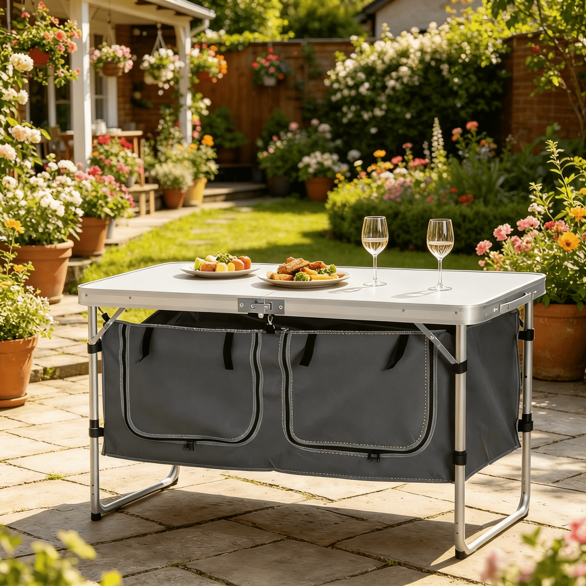 Foldable Camping Fishing Table, 3 Adjustable Heights Aluminum Frame Outdoor Table with Zippered 600D Oxford Storage Bag, MDF Tabletop, 55LBS Capacity for Picnic BBQ Backyard