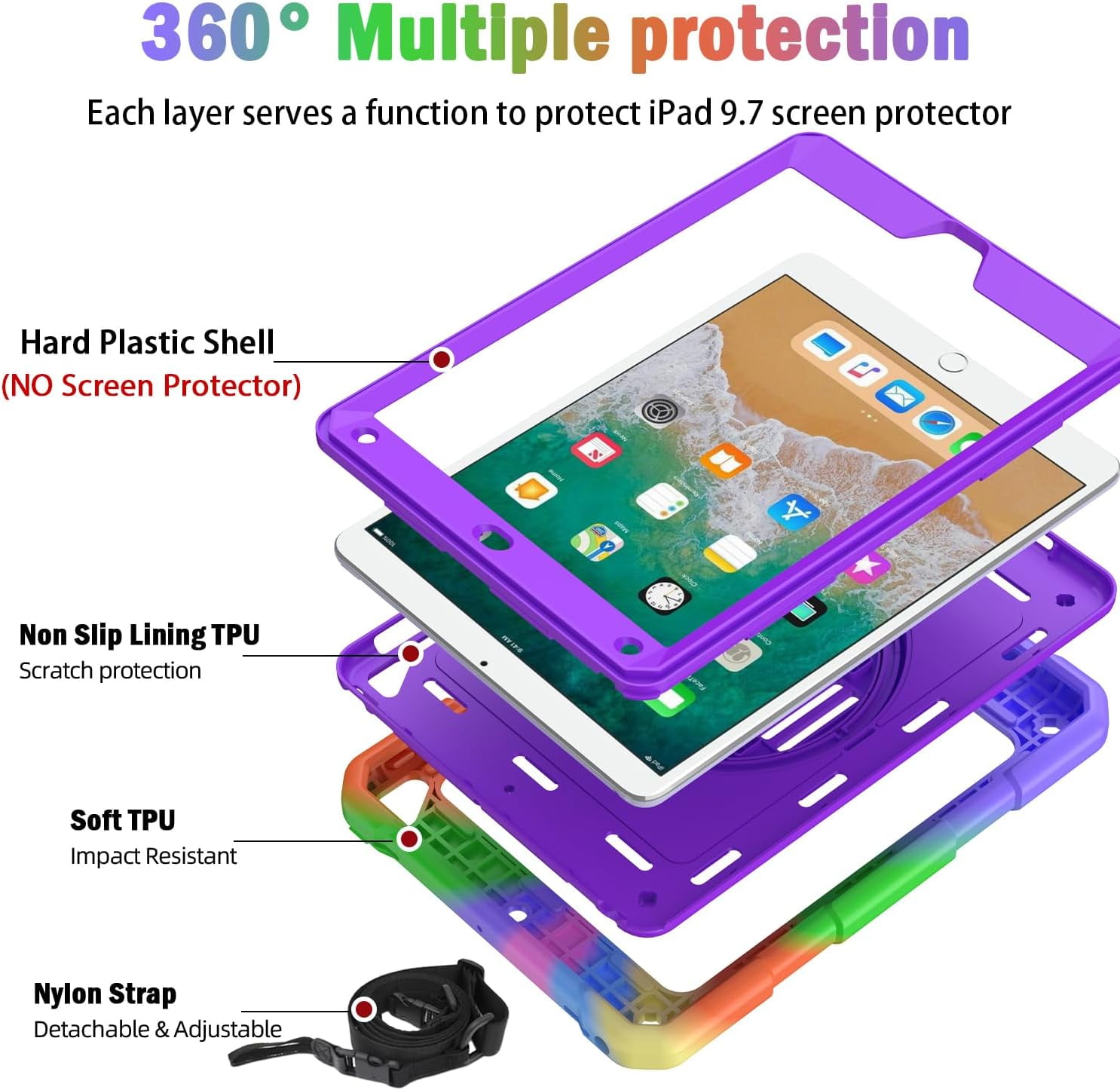 SUPNICE Rugged Case for iPad 9.7 Inch 2018/2017, 3 Layer Hybrid Shockproof [360 Rotating Stand] [Hand Strap] [Pencil Holder] Kids Case, iPad 6th Generation Case, iPad 5th Generation Case, Purple