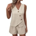 thumbnail image 2 of Aueoeo Women's Sleeveless Tank Top Matching Sets Button Up V Neck Vests Waistcoat and Pockets Shorts Summer 2 Piece Outfits, 2 of 9