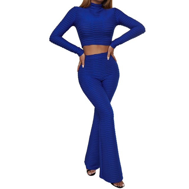 VISgogo, traje de 2 uds con pantalones para mujer, Tops cortos de cuello alto de manga larga de Color liso, pantalones acampanados largos de tiro alto, ropa de primavera/otoño para mujer VISgogo moda