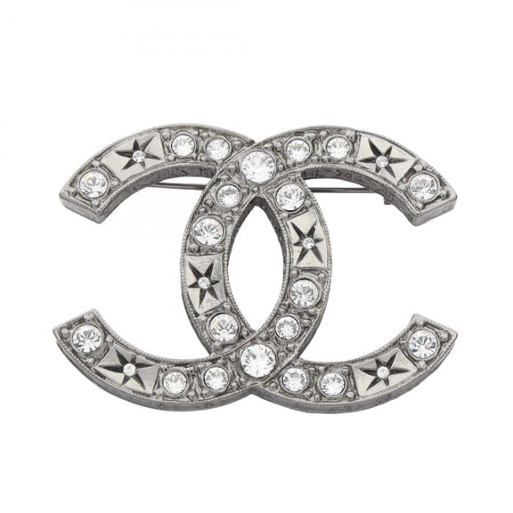 Pre-Owned Chanel Coco Mark Brooch, Stainless Steel with Rhinestones, Women's, Silver... (Good)