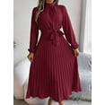 thumbnail image 5 of Deago Women's Spring Fall Maxi Dress Long Sleeve Pleated Casual Mock Neck Elegant A Line Flowy Long Dresses with Belt (Red, XL), 5 of 9
