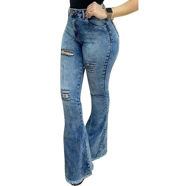Womens Ripped Denim Jeans Slight Flared Pants Bottoms Trousers Distressed