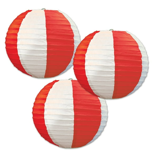 Beistle Club Pack of 18 Red and White Striped Hanging Paper Lantern Party Decorations 9.5"
