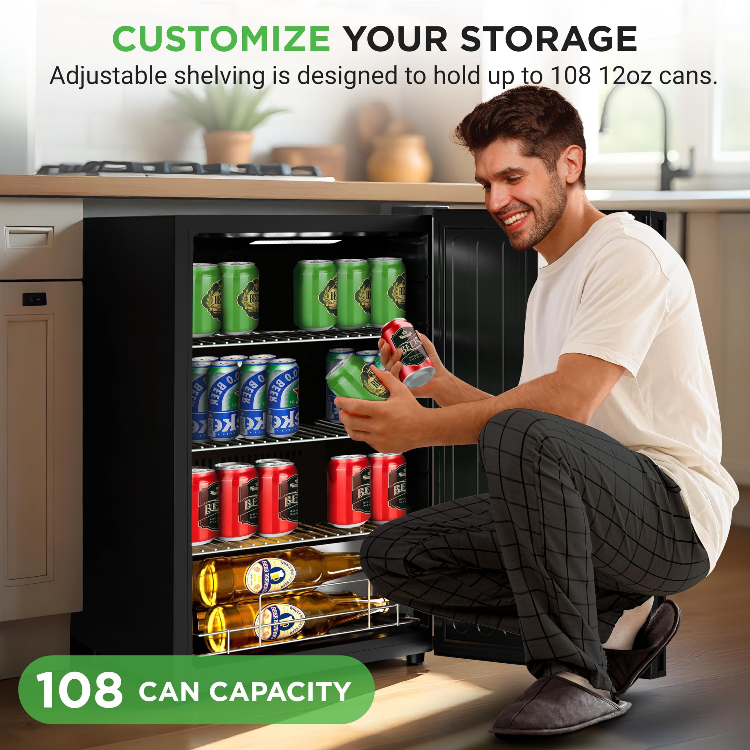 NutriChef NCBEERCL100 Fridge, Freestanding Beverage Refrigerator for Beer and Soda, Adjustable Temperature 21°F to 64°F, 108 Can Capacity-19 x 17 x 33 IN, Black