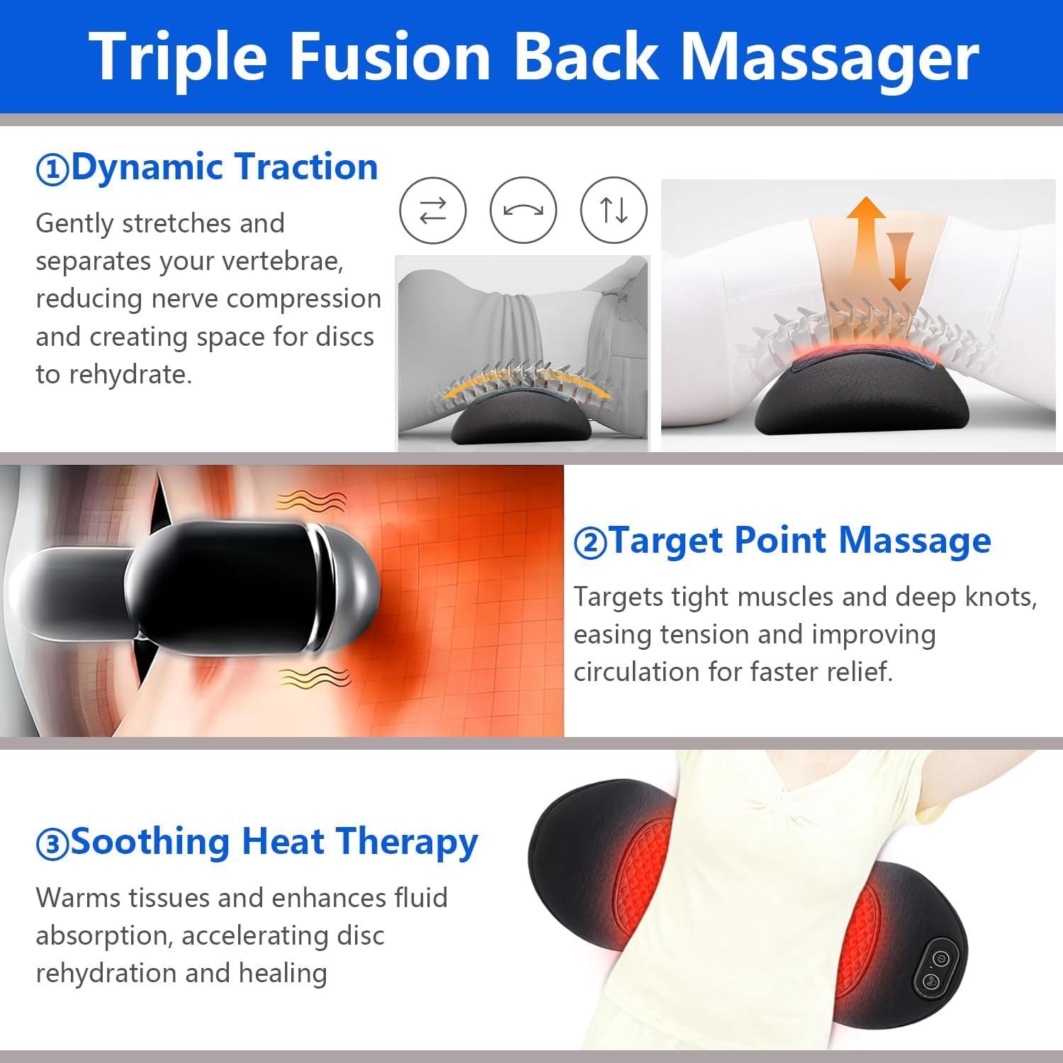 Electric 3 in 1 Back Massager with Heat, Traction and Vibration, Deep Tissue Back and Waist Massager for Neck, Shoulder and Lower Back Relaxation