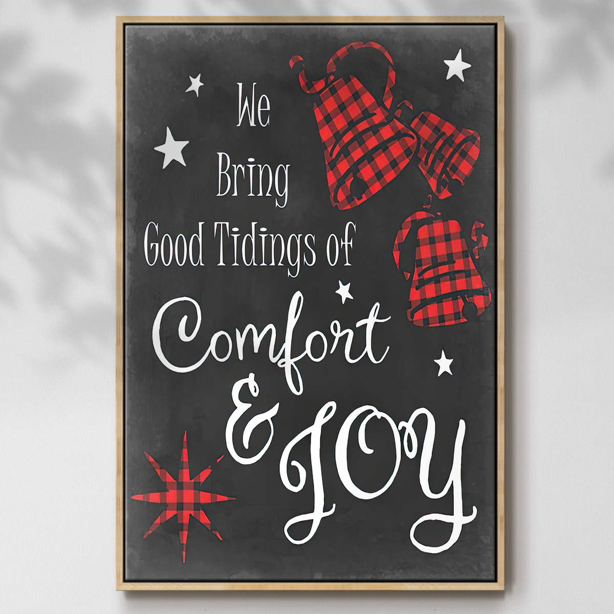Comfort and Joy in Red - Framed Gallery Wrapped Holiday Canvas - 25 x 37 - Natural Wood Frame