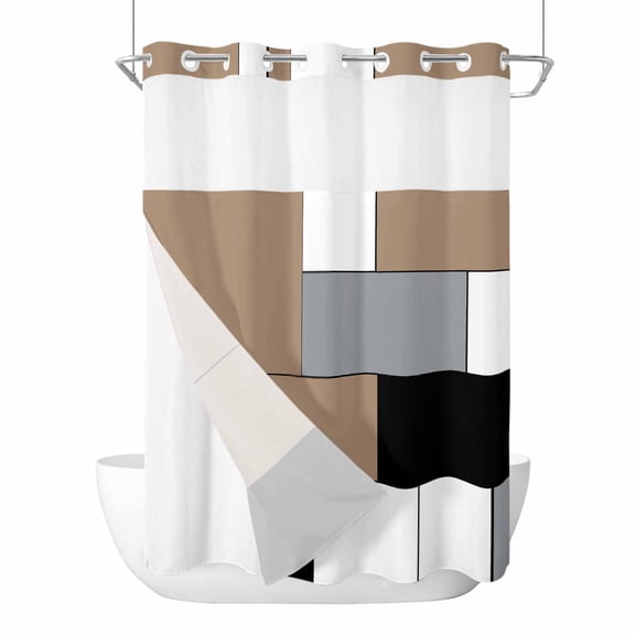 No Hook Shower Curtains with Detachable Snap-in Liner Set, Brown Grey Waterproof Hotel Style Bathroom Shower Curtain, Modern Brown Geometric Breathable Mesh Top Window Bath Curtains 60''x72''