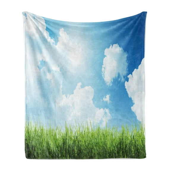 Sky Soft Flannel Fleece Blanket, Sunny Day Image with Green Grass Sun Rays Clouds Beauty of Nature Country Meadow, Cozy Plush for Indoor and Outdoor Use, 50" x 70", Blue Green White, by Ambesonne
