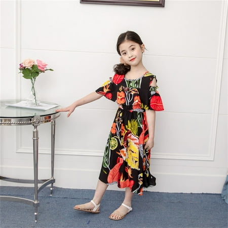 

B91xZ Princess Dresses For Girls Kids Girls Sleeveless Ruffles Beach Dresses Toddler Floral Printed Princess Dress Clothes Black Size 3 Years