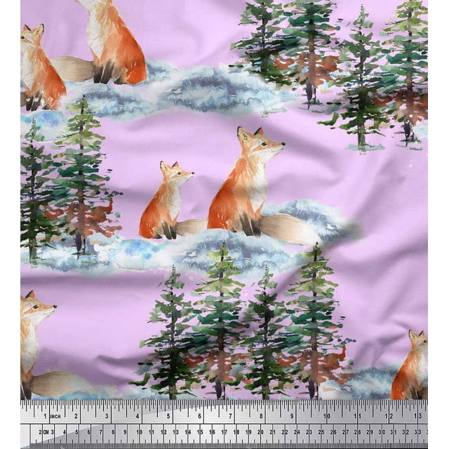 Soimoi Pink Rayon Fabric Fox & Pine Tree Print Fabric by the Yard 56 Inch Wide