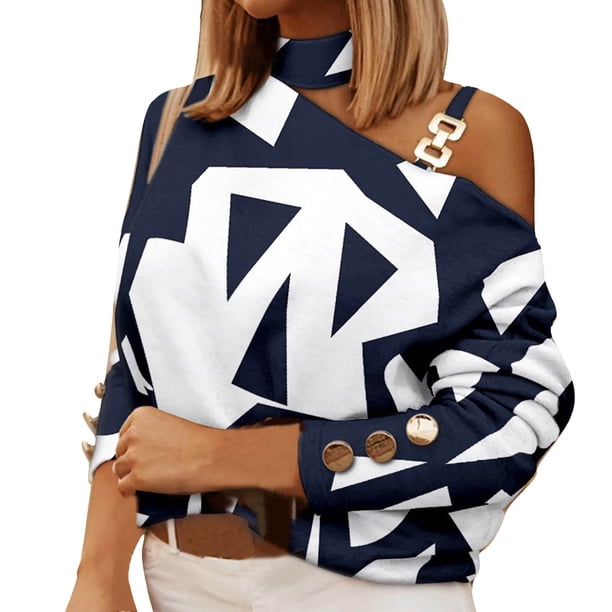 Gibobby Blusas De Moda de manga larga de otoño e invierno para mujer con botones estampados en el cuello(Azul marino, L)