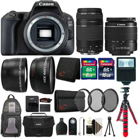 Canon EOS Rebel 200D / SL2 24.2MP Digital SLR Camera Black with 18-55mm and 75-300mm Double Lens Flexible Tripod and Much