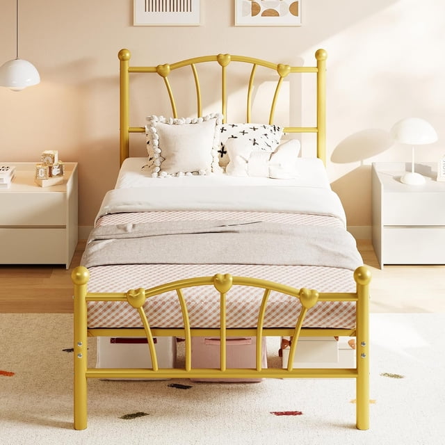 Twin Bed Frame for Kids, Twin Size Bed with Headboard and Footboard, Heart Shaped Platform Bed Frame, Heavy Metal Slat Support, Noiseless, No Box Spring Needed, Gold