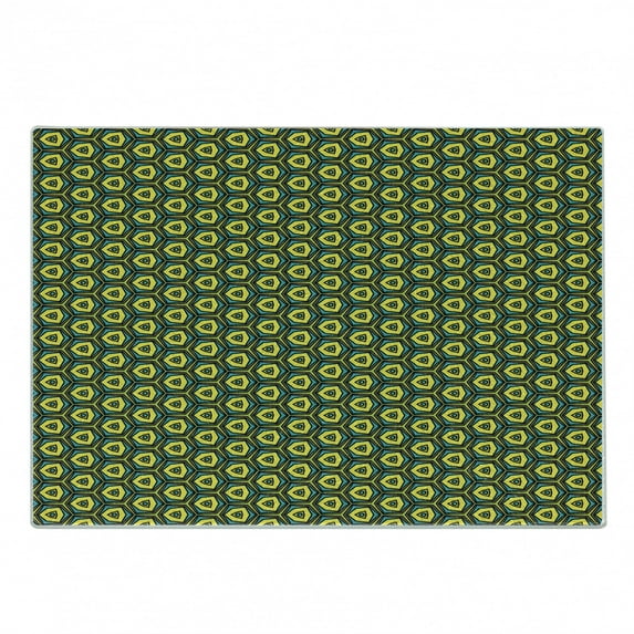 Yellow and Green Cutting Board, Colorful Vintage Illustration with Hexagons, Decorative Tempered Glass Cutting and Serving Board, in 3 Sizes, by Ambesonne
