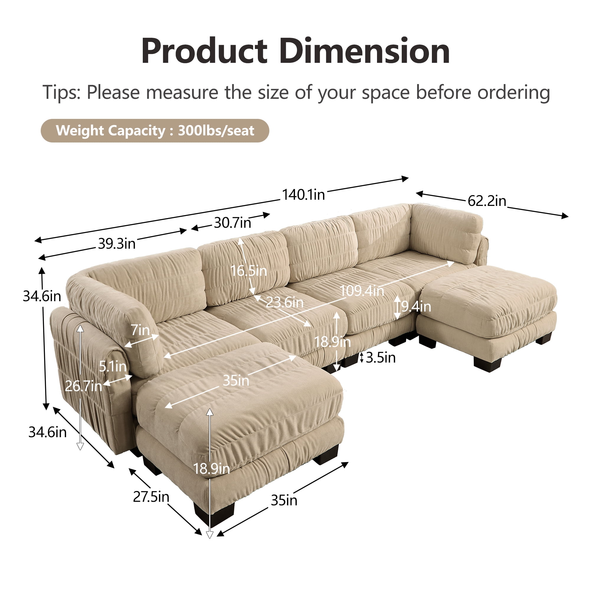 140" U Shape 4 Seat Ruched Chenille Modular Sectional Sofa with 2 Movable Ottomans,Easy Assembly