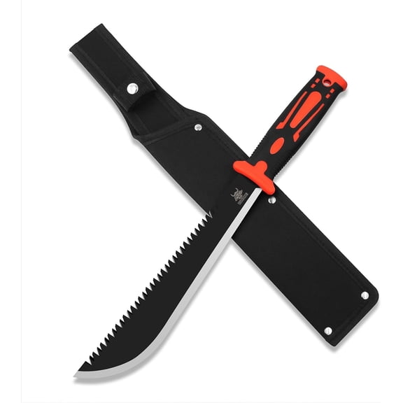 WICING 16.5" Machete with Sheath, Carbon Steel Saw Back Blade, Garden Machete for Bushcraft Hiking Clearing