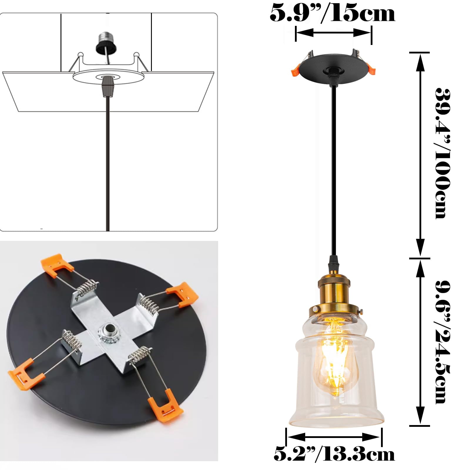 Kiven Can Lights Retrofit Recessed Lighting with E26 Power Outlet Adapter, 4/5 Inch Replacement Conversion Kit, Farmhouse Glass Pendant Lighting for Living Room Hallway Kitchen,3 Lights, Gold