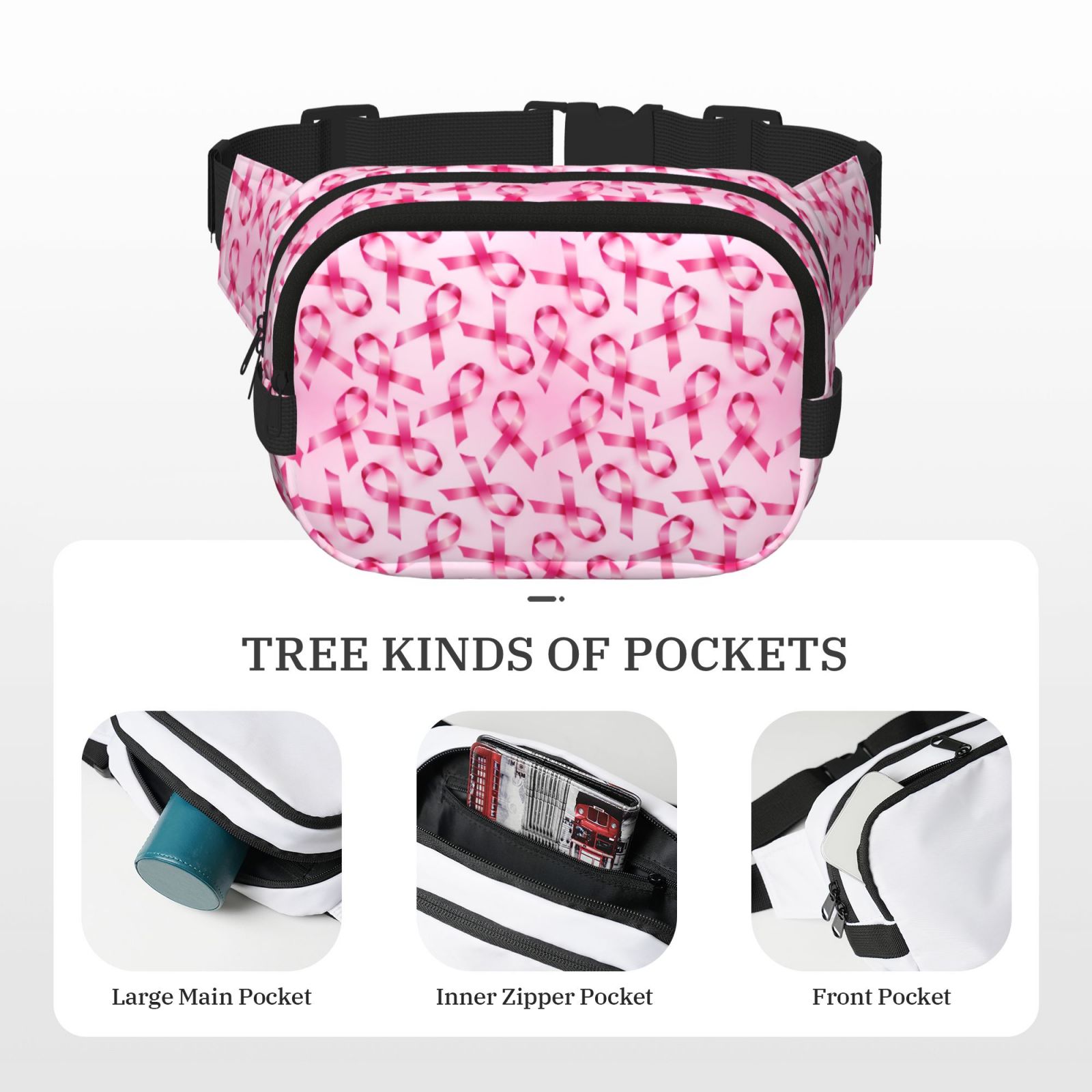 Kuqiui Breast Cancer Ribbons Awareness Print Fanny Packs for Women Cross Body Waist Bag Fashionable Fanny Pack Designer Workout Hiking Waist Pack Running Travel Gym