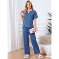 thumbnail image 2 of DARING DIVA Satin Pajamas Silky Short Sleeve V Neck Shirt Long Pant Set L Blue, 2 of 7