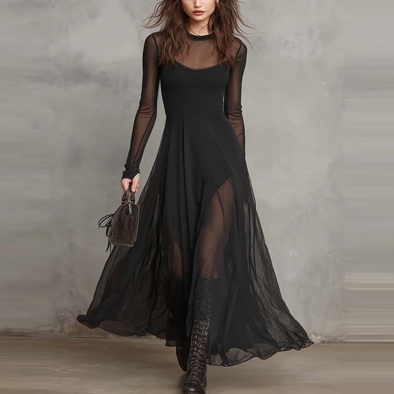 Women's Black Tulle Maxi Dress, Retro Round Neck Bohemian Evening Dress, Sheer Patchwork Western Style Dress for Formal Events and Boho Chic Outfits Black L