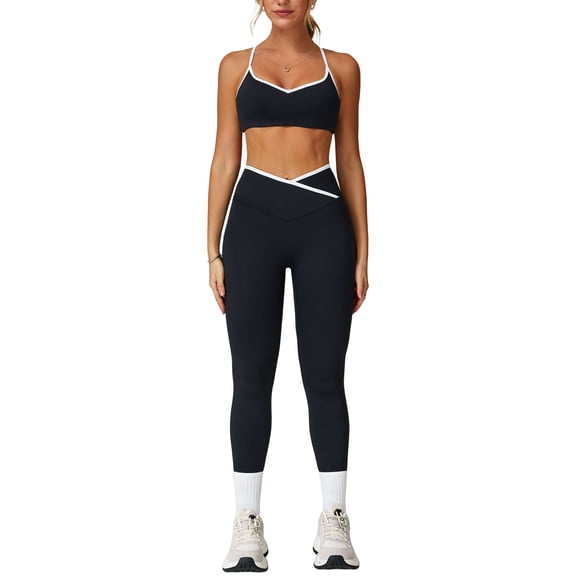 IDOPIP Women 2 Piece Workout Sets Color Block Strappy Sports Bra High Waist Leggings Gym Yoga Pilates Sports Outfits S Black