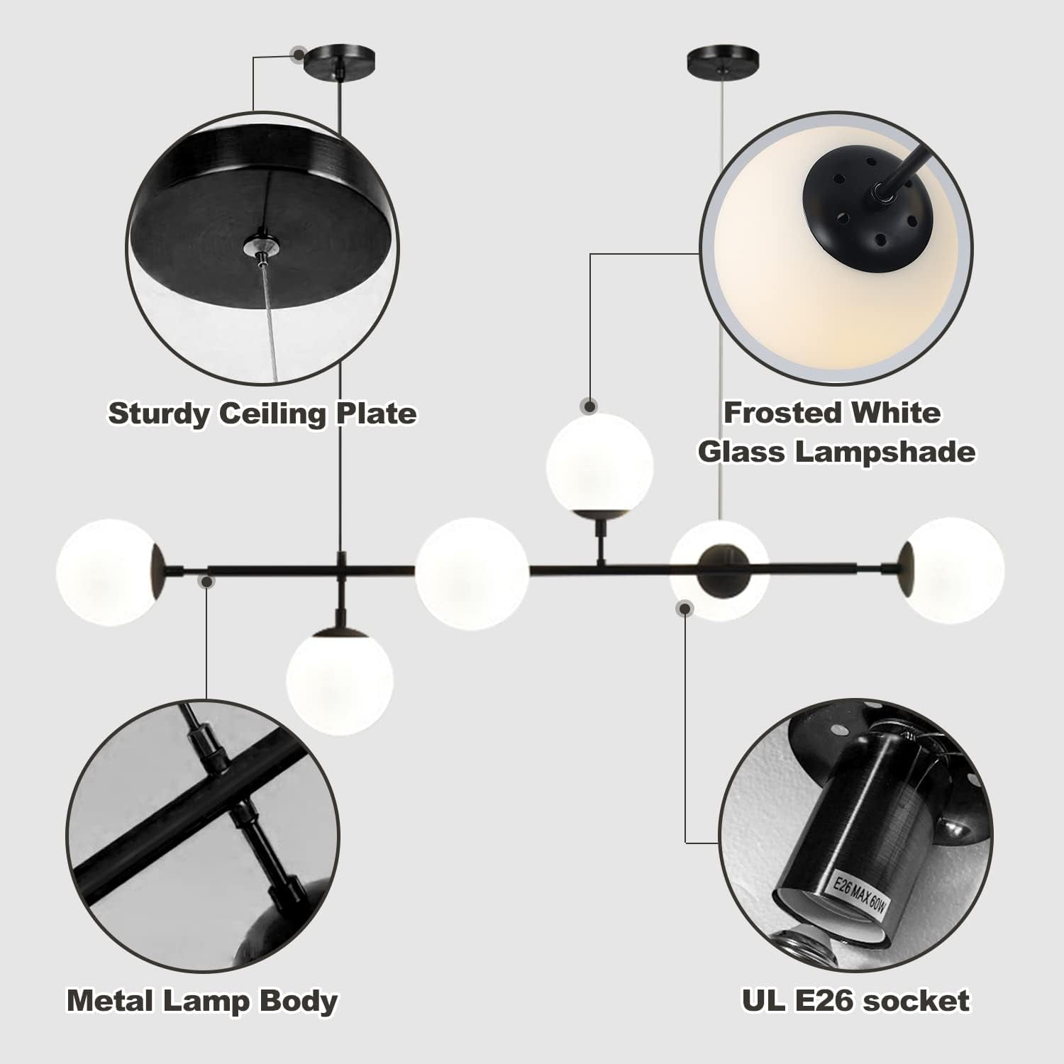 KCO Lighting Mid Century Glass Globe Modern Chandelier 6-Light Black Linear Sputnik Chandelier Kitchen Island Pendant Lighting