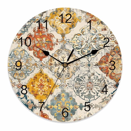 Silent Wall Clocks Battery Operated, Boho Retro Round Decorative Wall Clock for Living Room Bedroom Kitchen Bathroom Classroom Decor, 14 Inch Ethnic Tribal Floral Pattern Yellow Orange Beige