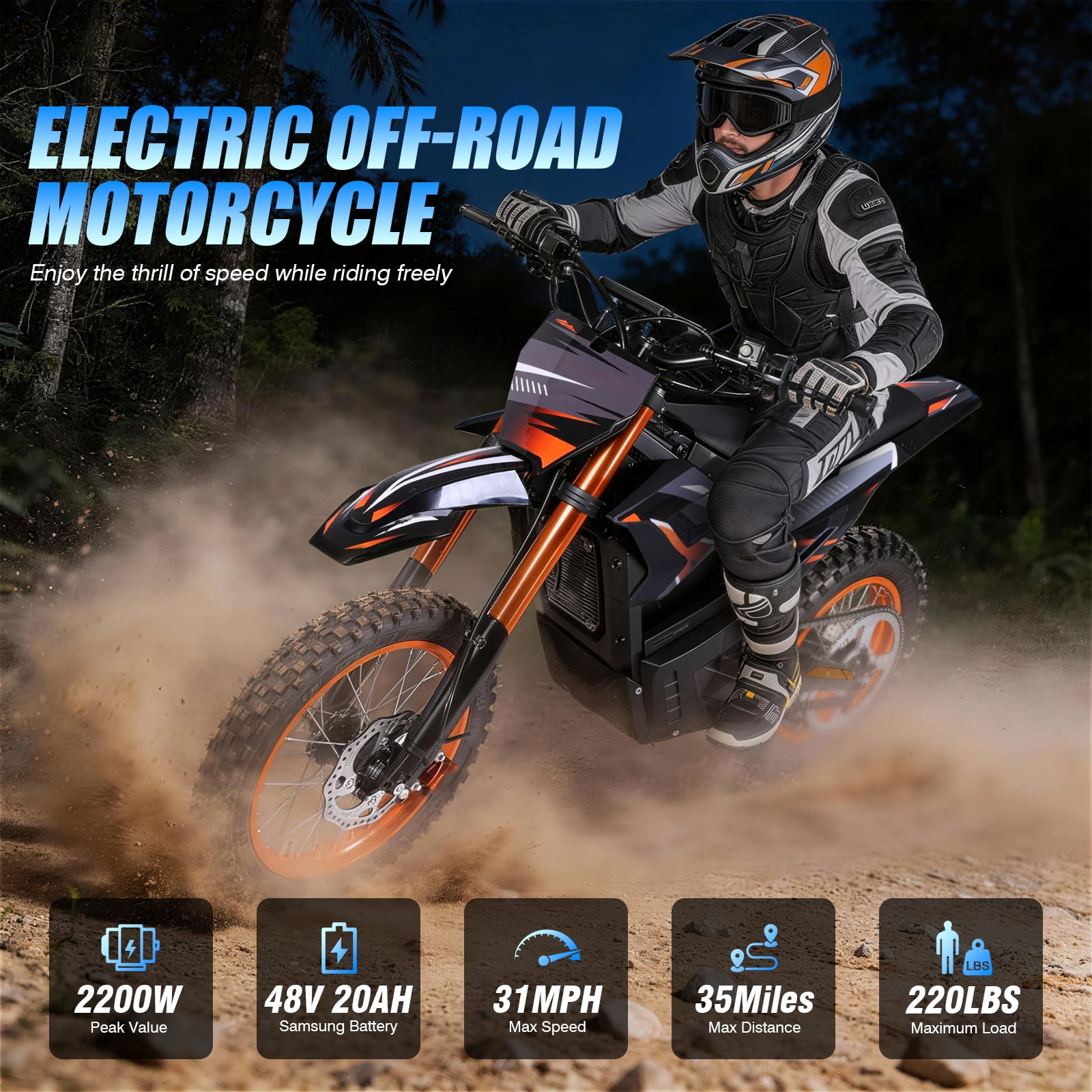 3000W Adult Electric Dirt Bike, 40mph Top Speed, 43-mile Range, 48V 30ah Battery, 14"/12" Fat Tires, Dual Hydraulic Brakes, Full Suspension, UL2849