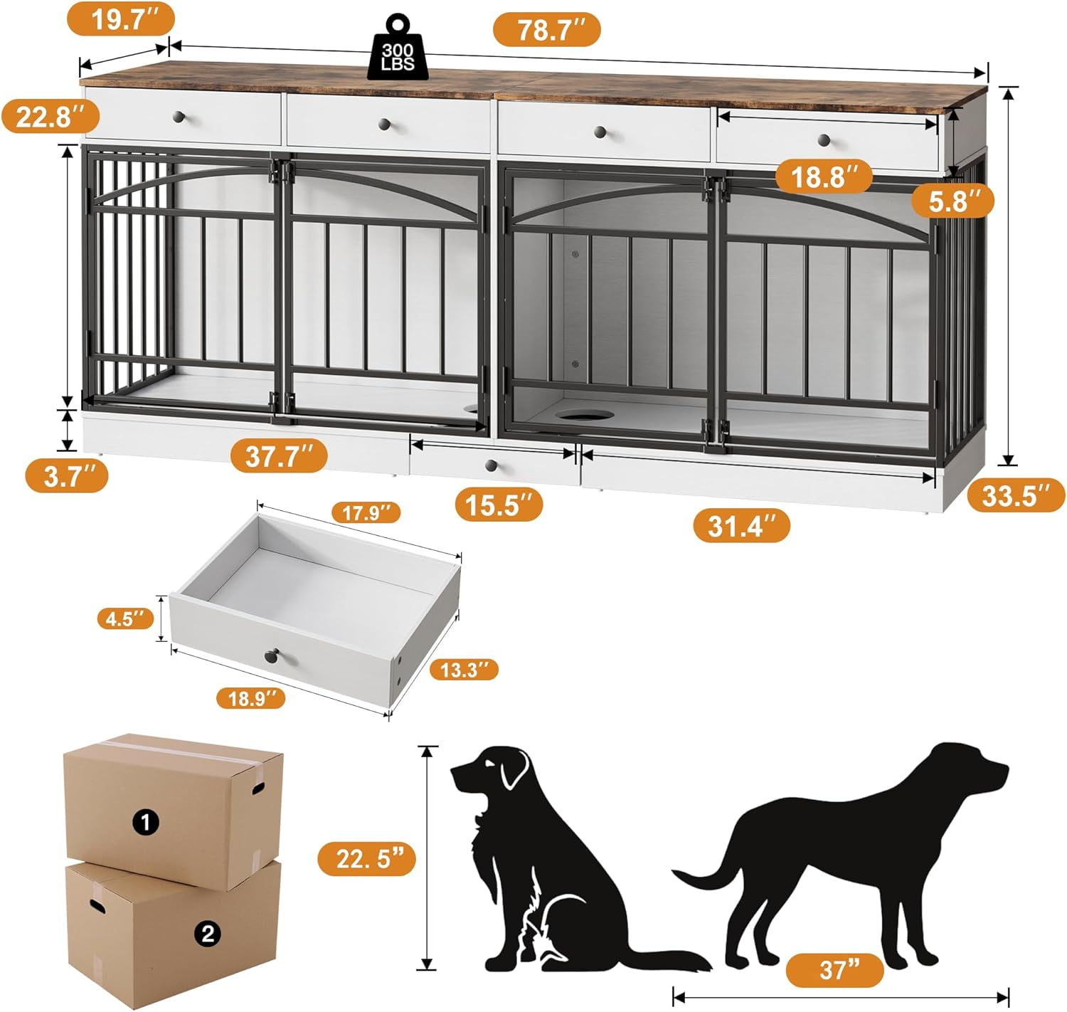 IdealHouse Double Dog Crate Furniture for 2 Dogs, Indoor Pet Kennel TV Stand with 4 Storage Drawers & Feeding Bowls, for Small/Medium Dogs, White
