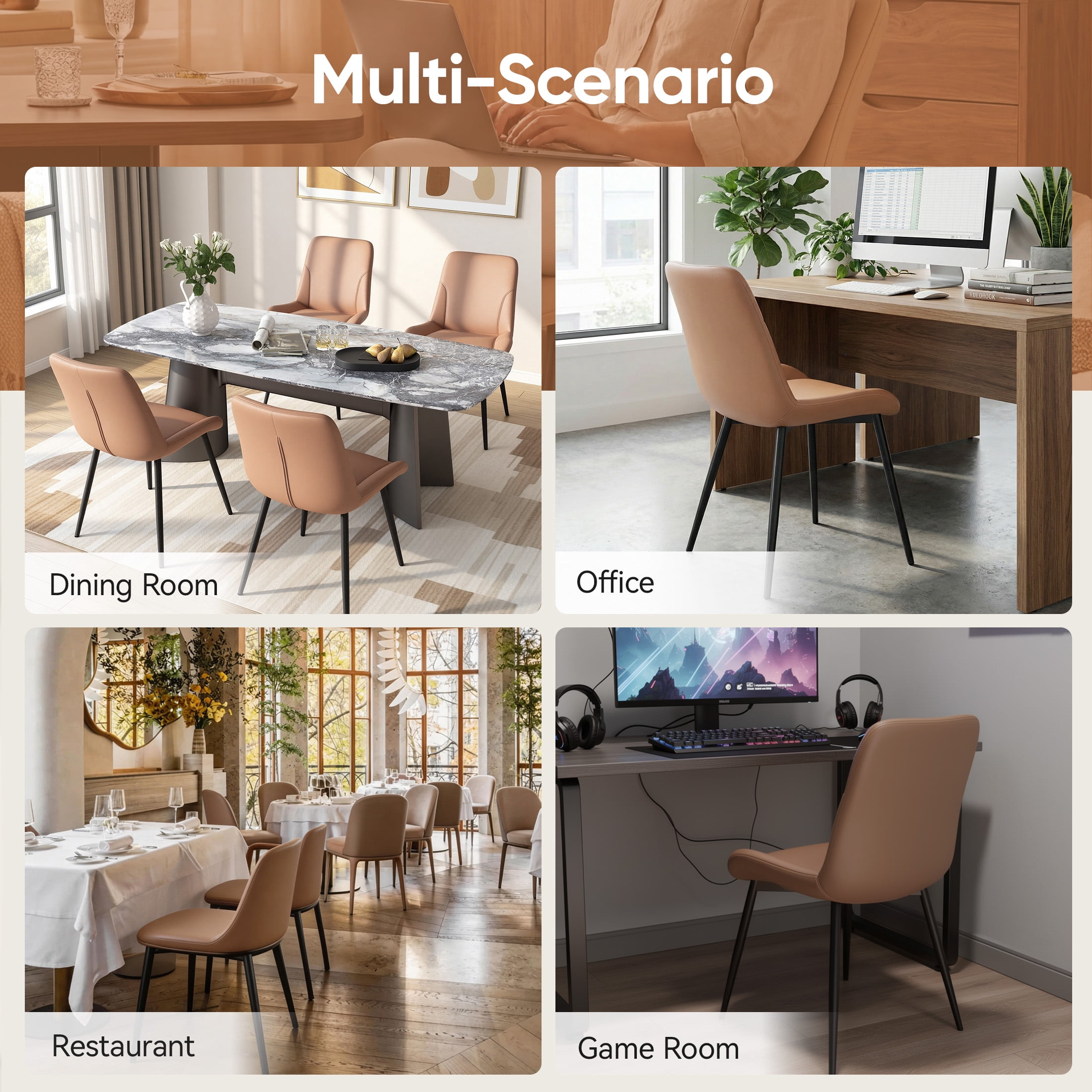 MOONMISS Dining Chair Set of 2,Upholstered with Ergonomic Backrest Metal Legs for Kitchen Office Reading,Brown
