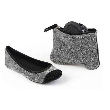 sidekicks foldable ballet flats with carrying case, silver,