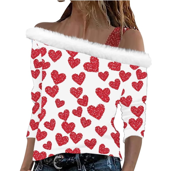 FDGIU Women's Off Shoulder Valentine Shirt - Cozy Fleece Neck Long Sleeve Heart Print Holiday Outfit Tee