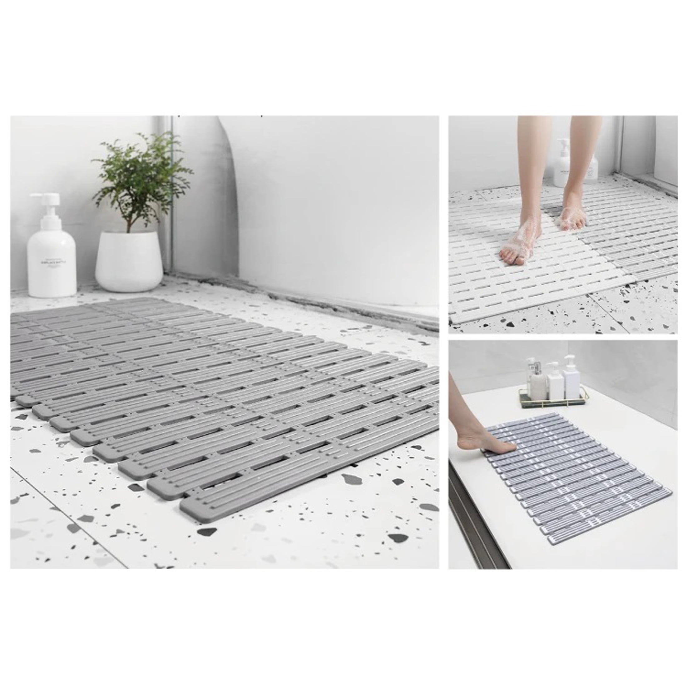 Shower Mat Non Slip Bathtub Mat - 27 x 16 Inch TPE+PP Soft Anti Slip Bath Mat for Tub, Slatted Shower Floor Mat with Powerful Suction Cups and Drain Holes, Easy to Cut, Machine Washable, Grey