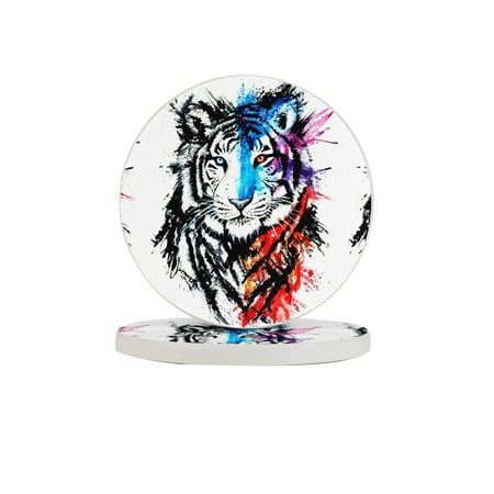 

Circular Drink Coasters Set Tiger Art Drawing Beautiful Home Decor Diatomite Heat-Resistant Diatomite Protect Table Countertop
